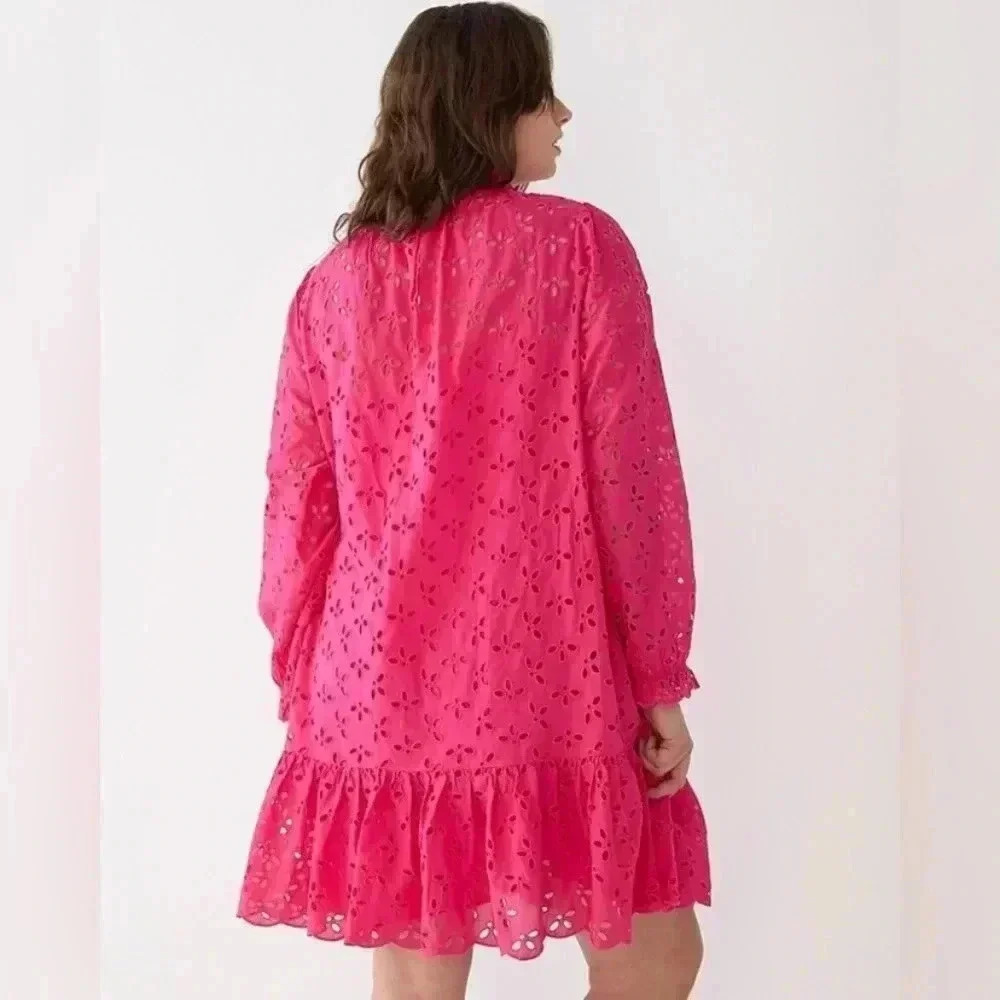 NWT J. Crew fully lined hot pink eyelet ruffled neck dress - Picture 5 of 16
